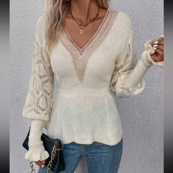 Comfy Sheer Mesh Crochet Guipure Lace Cuff Long Sleeve Peplum Knit Sweater - Picture 3 of 5
